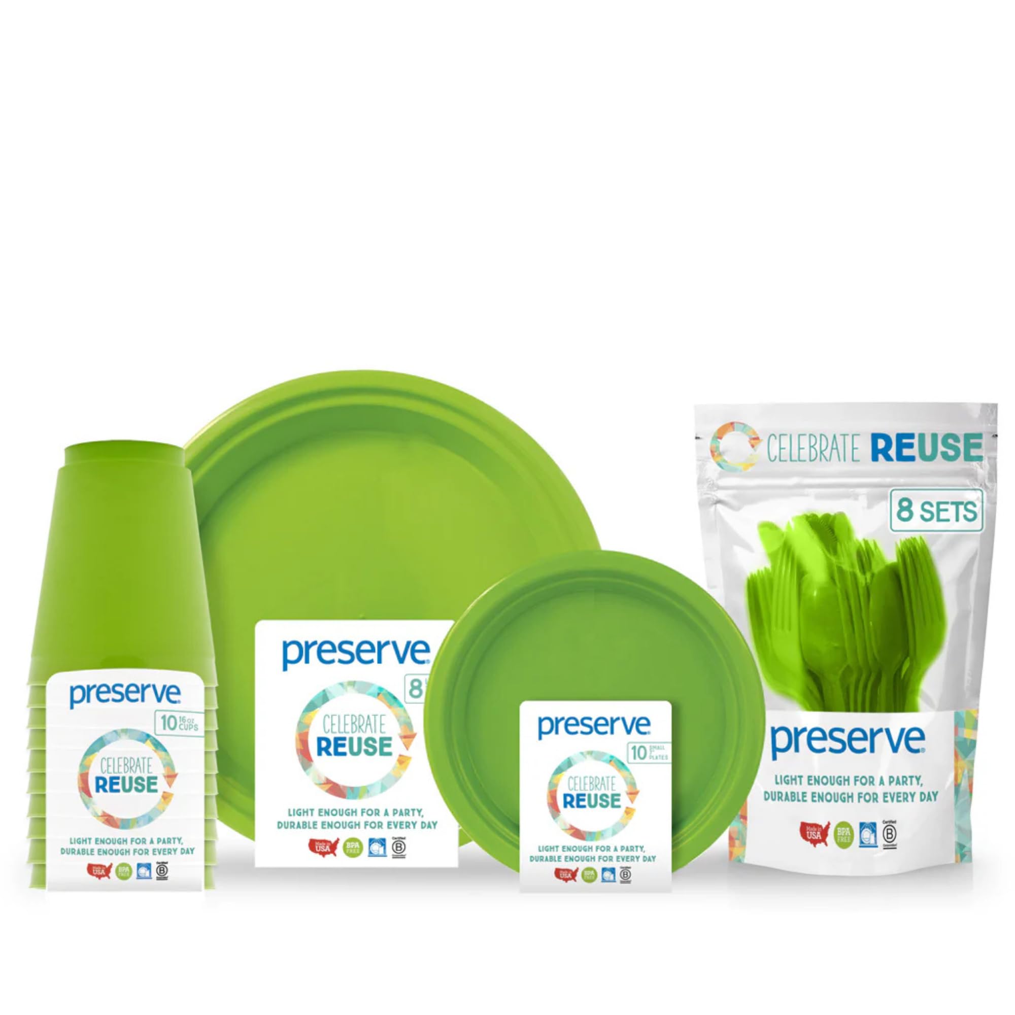 Couverts en plastique recyclé et assiettes vertes contre le gaspillage