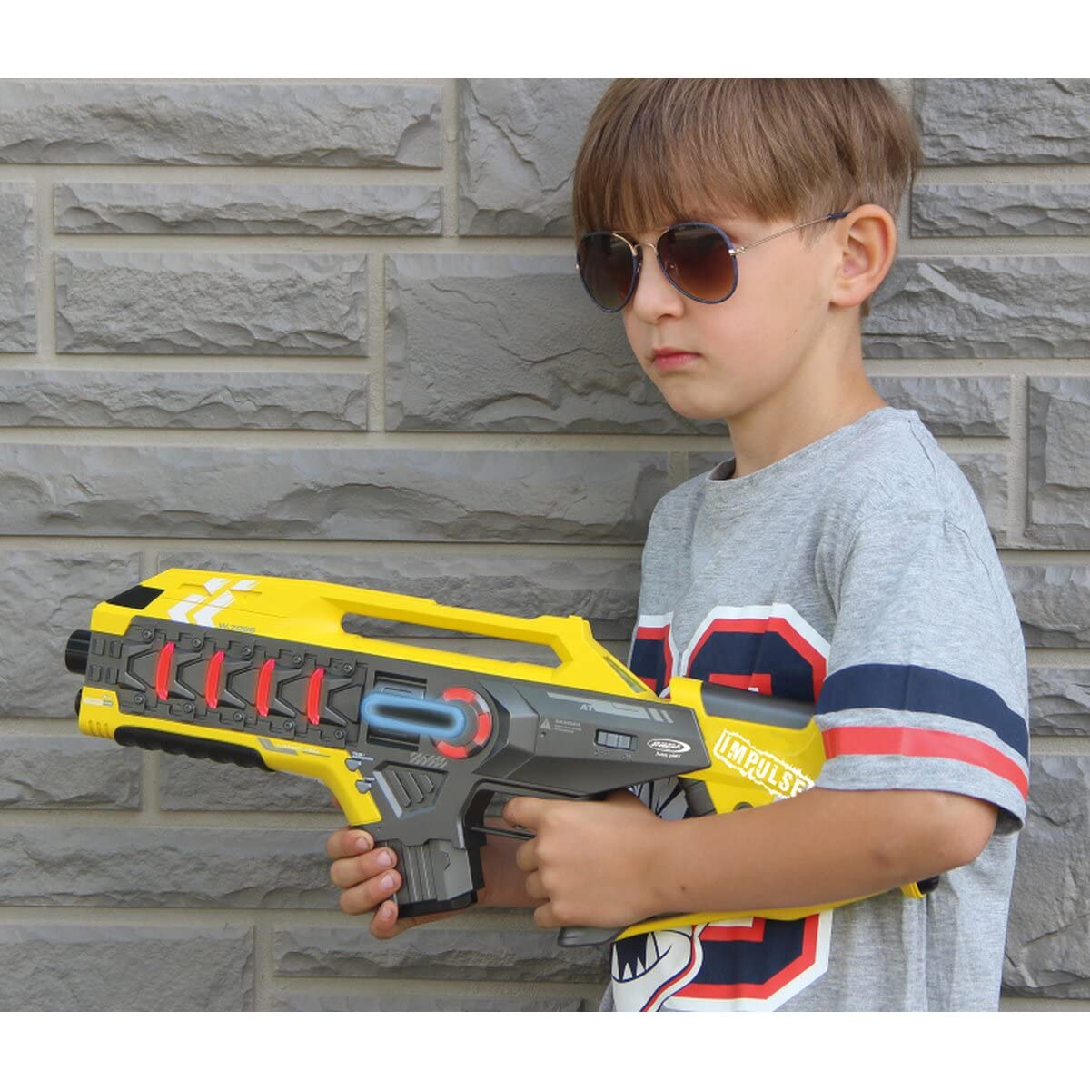 JAMARA 410083 Impulse Gun – Rifle Set gelb/rot – Laser Tag mit 3 Battlemodi Spieler je Team, Last Man Standing, Duell, 4 simulierte Waffen mit Soundeffekte, bis 40m Reichweite