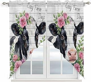 Swag Valances for Windows, Cozy Farm Days Cow Swag Curtains for Kitchen/Bedroom/Living Room Window Treatment, Spring Summer Floral Grey Wooden Rod Pocket Valance Curtains Drapes 2 Panels, 28"x36"
