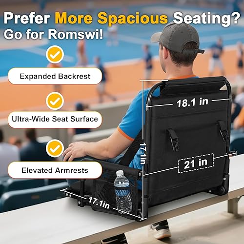 Miniatura 3 de Romswi 2PK - Silla de estadio portátil con respaldo y cojín con reposabrazos, soporte para espalda, soporte para tazas, bolsa de malla y gancho