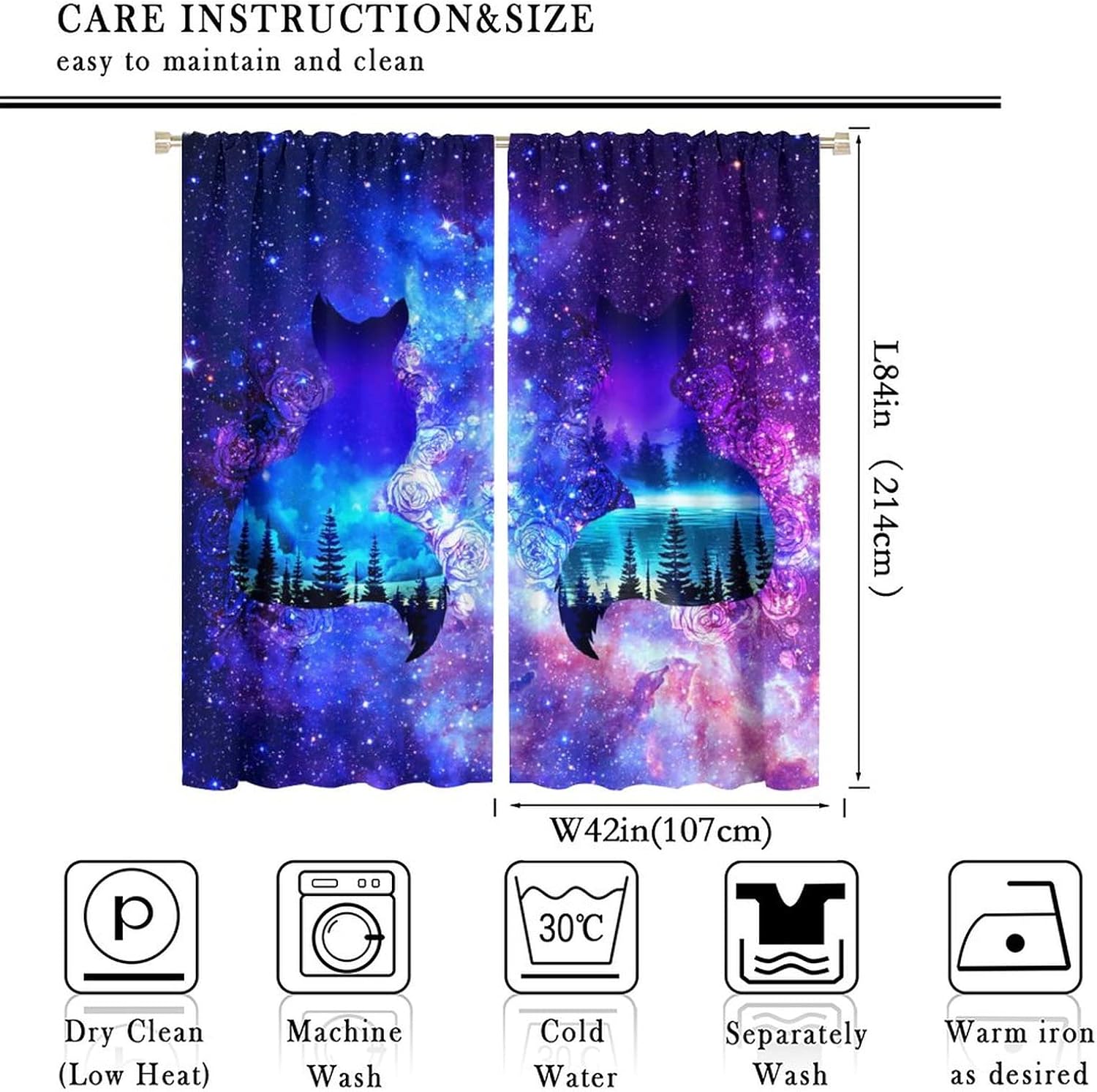Cute Cartoon Fox Forest Silhouette Rod Pocket Blackout Curtains for Living Room,Thermal Insulated Fantasy Galaxy Cool Animals Fox Window Treatment,2 Panels 84L x 42W