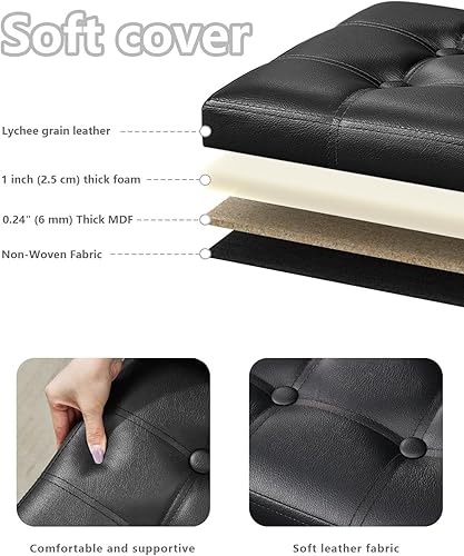 Miniatura 3 de Otomana de almacenamiento, taburete plegable con asiento acolchado de espuma más gruesa, otomana pequeña de almacenamiento de cuero, banco Negro