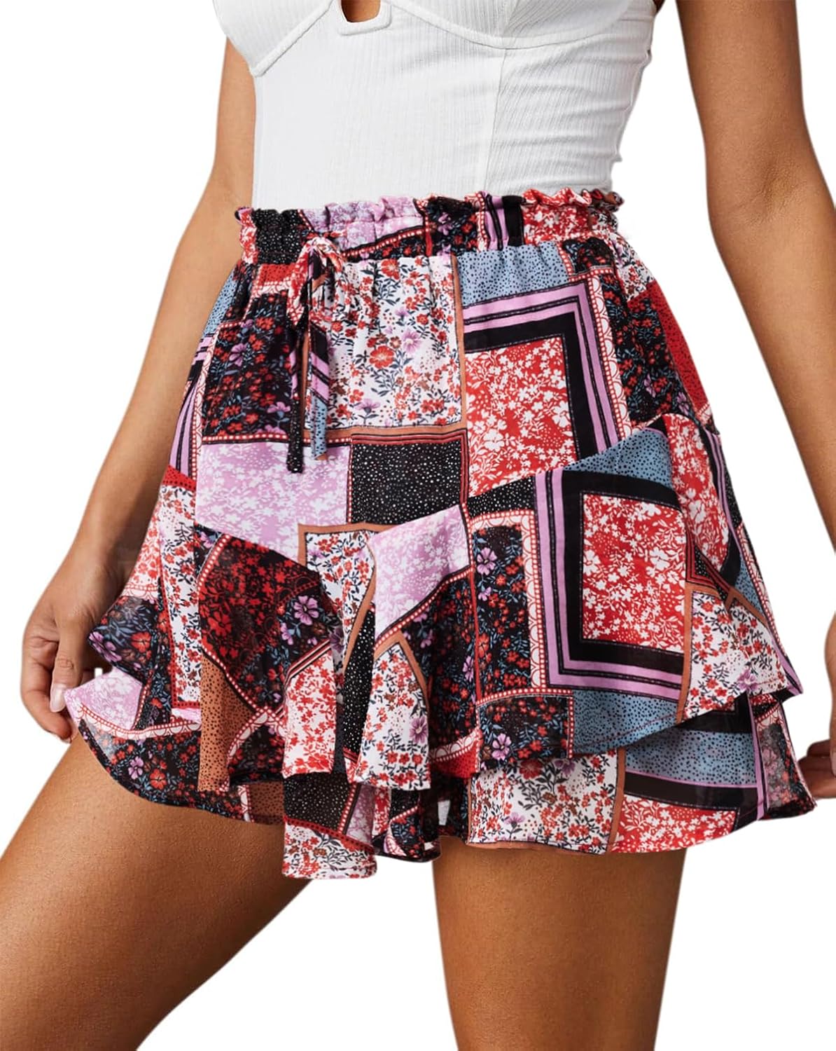 Boho Skorts for Women Flowy Shorts Printed Casual Ruffle Mini High Chiffon Skirts Country Concert Outfit