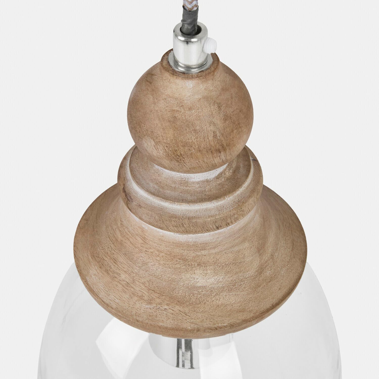 LOBERON Raina Suspension - Abat-jour en verre transparent résistant - Élément ouvragé en bois finition ancienne, transparent