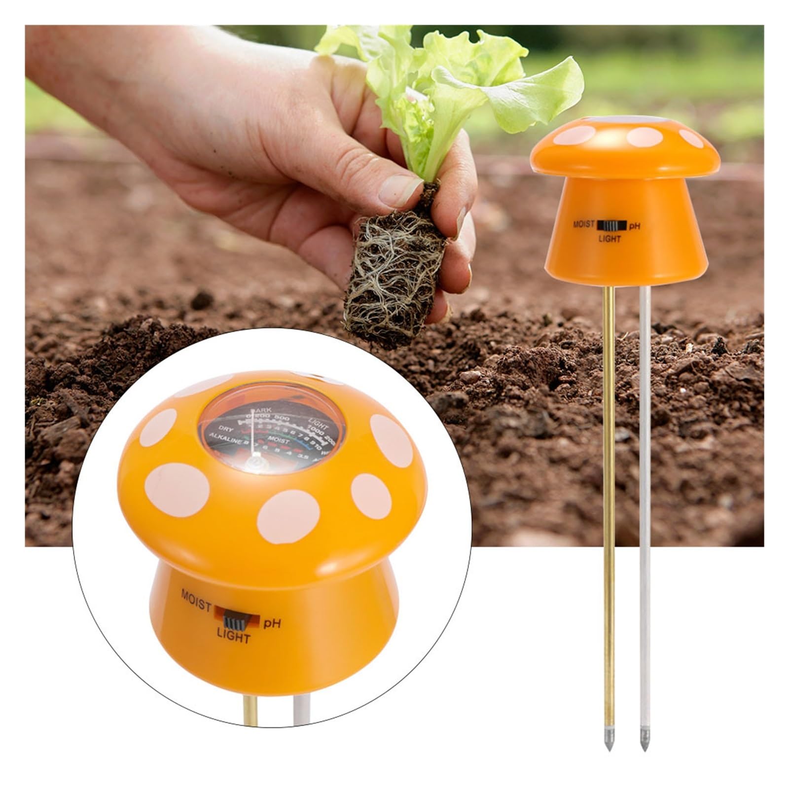 Misuratore di umidità del suolo Carino 3 in 1 misura vaso di fiori giardino esterno PH fattoria forma di fungo umidità prato suolo metro luce pianta da interno facile da usare Affidabile e preciso