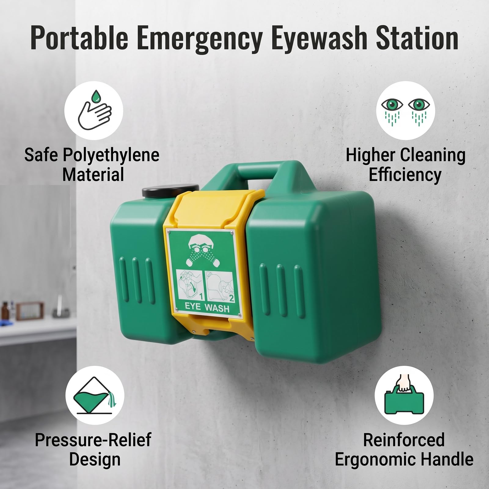 Station de Lavage Oculaire D'urgence, unité Murale de 9 Gallons | Corps en Polyéthylène, Rinçage à Double Sortie, Compatible avec une Solution Saline, Utilisation Portable, Laboratoires,