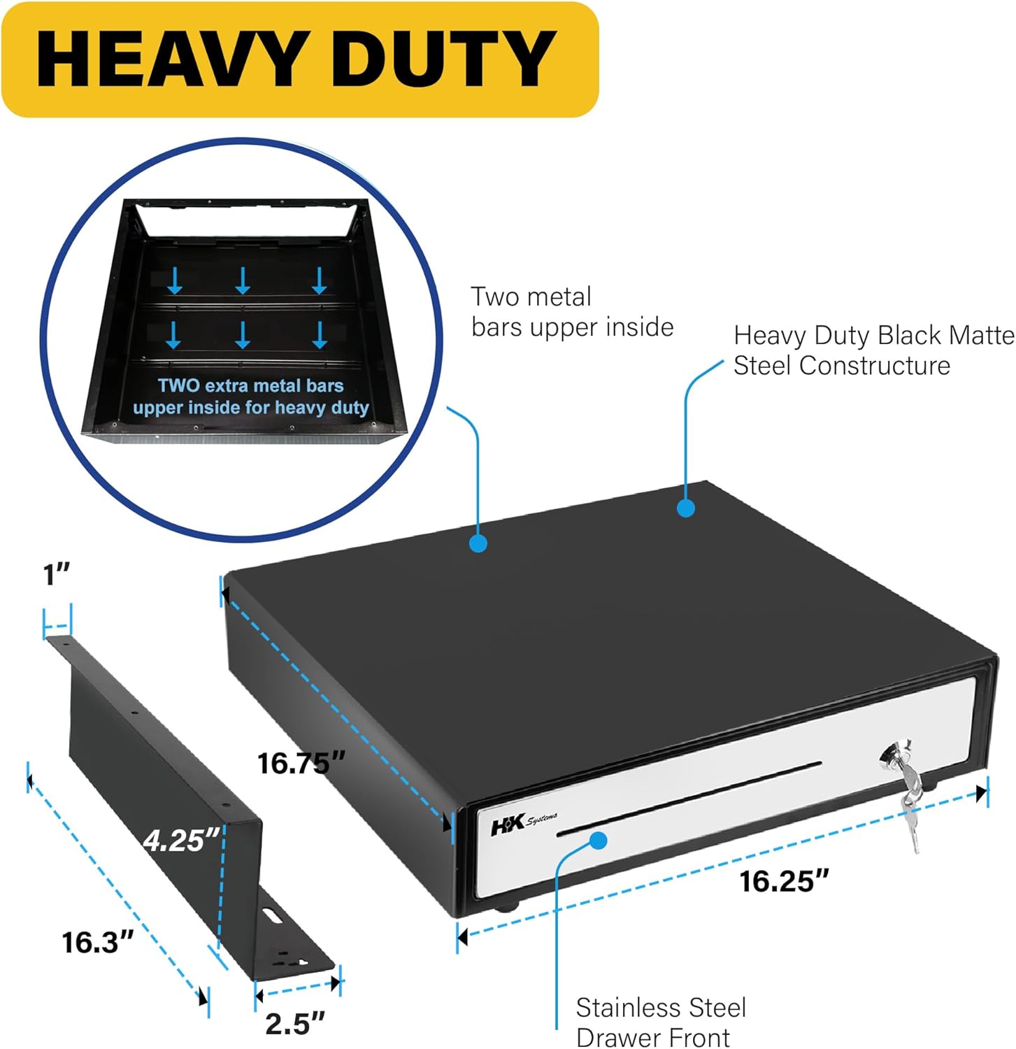 HK SYSTEMS 16" Heavy Duty Black Push Open Cash Drawer, 5B5C with Under Counter Mounting Metal Bracket