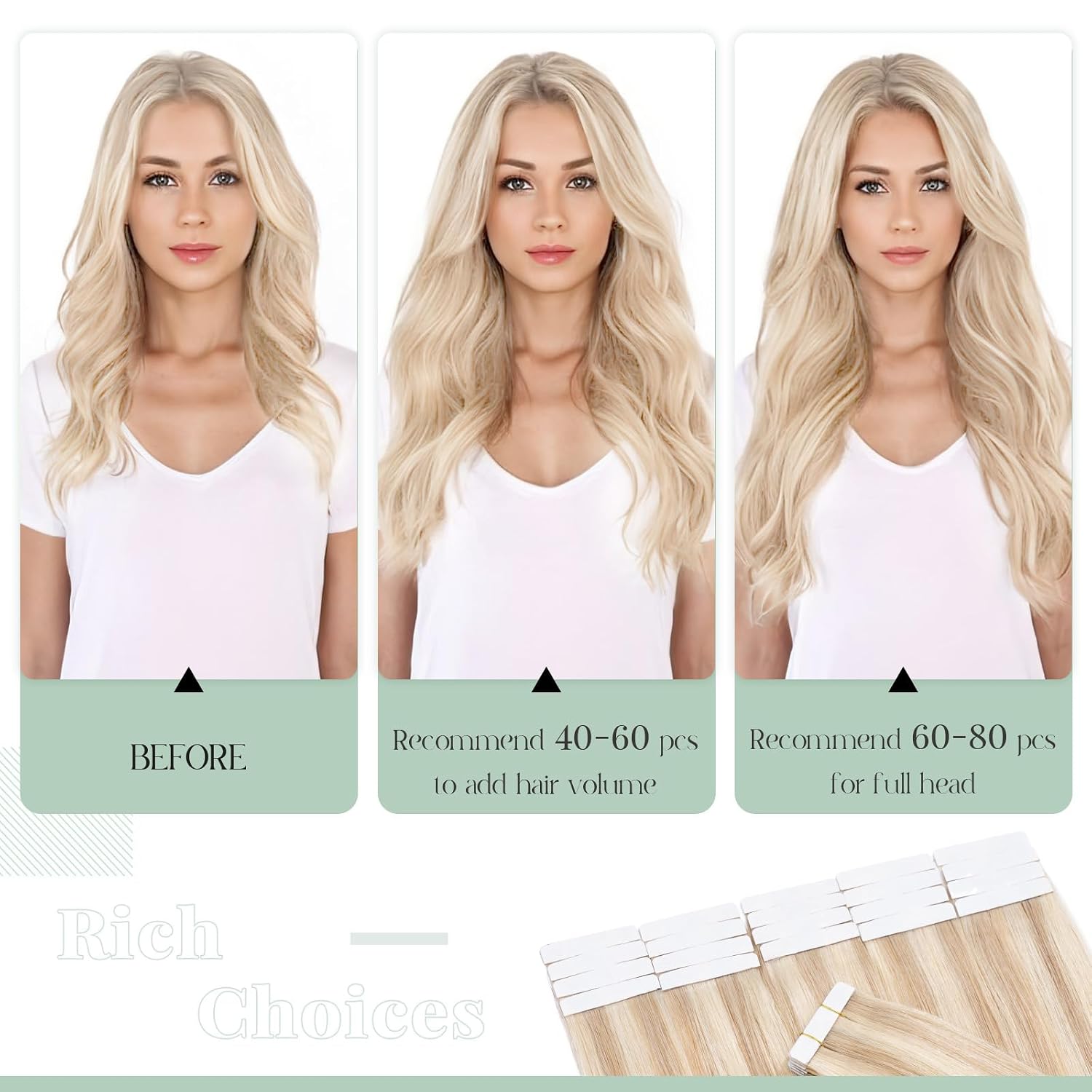 Rich Choices Tape in Hair Extensions Human Hair, 40pcs 100g 100% Remy Tape Hair Extensions Real Human Hair,Seamless Tape in Hair Extension 18 Inch #18P613 Ash Blonde Highlighted Bleach Blonde