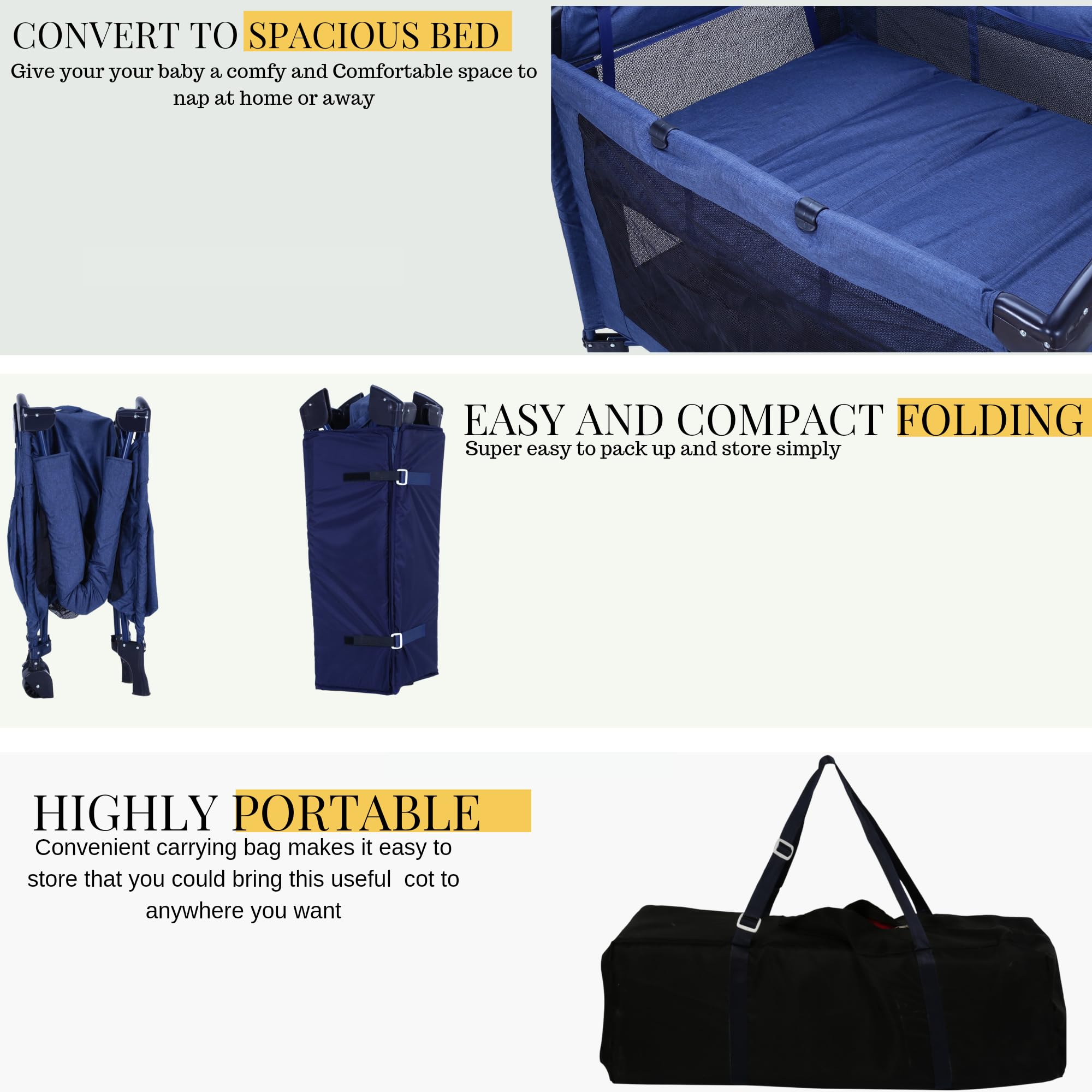 Infanto Playpen Cum Cot | Compact and Highly Portable| with Travel Bag | Easy Fold | 2-in-1 Functionality | Double-Layer Pad | Breathable Mesh-CC48 (Blue) - Image 7 thumbnail