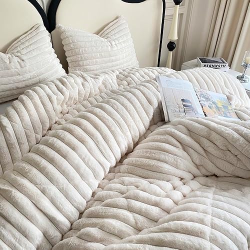 Miniatura 9 de chovy Juego de edredón de felpa de pelo blanco a rayas de conejo sintético, tamaño Queen, ultra suave, lanudo terciopelo de franela esponjoso, juego