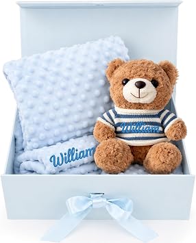Personalized Baby Blanket Gift Set for Girls, 2 in 1 Custom Baby Gifts for Shower Birthday, Custom Name Baby Blanket & Plush Bunny Gift Set, Flannel Dot Swaddle Crib for Infant Toddler
