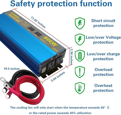 Miniatura 3 de Inversor de corriente de onda sinusoidal pura de 800 W de 1600 W pico para vehículos pico - 1600 vatios DC 12 V a 110 V AC inversor con adaptador de