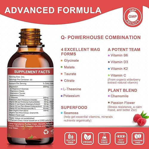 Miniatura 2 de Gotas líquidas de glicinato de magnesio - Suplemento de triple absorción para apoyar los nervios, el sueño, la calma, el corazón, los músculos *