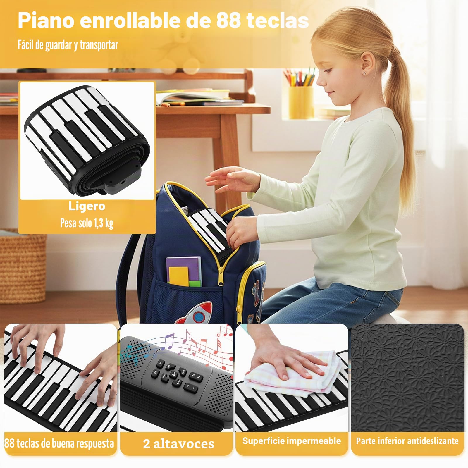 KOMFOTTEU Piano Digital Enrollable 88 Teclas, Piano Electrónico Plegable con 128 Ritmos y Tonos, 14 Demostraciones, Teclado de Piano con Función MIDI