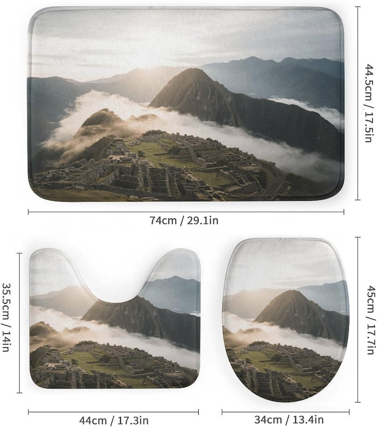 Ancient Monuments Sea of ​​Clouds Bath Rug Set 4 Piece,Bathroom Accessories Set-Toilet Rugs U Shaped,Toilet Lid Cover,Shower Curtain and Rugs,Ultra Soft, Absorbent,Home Decor