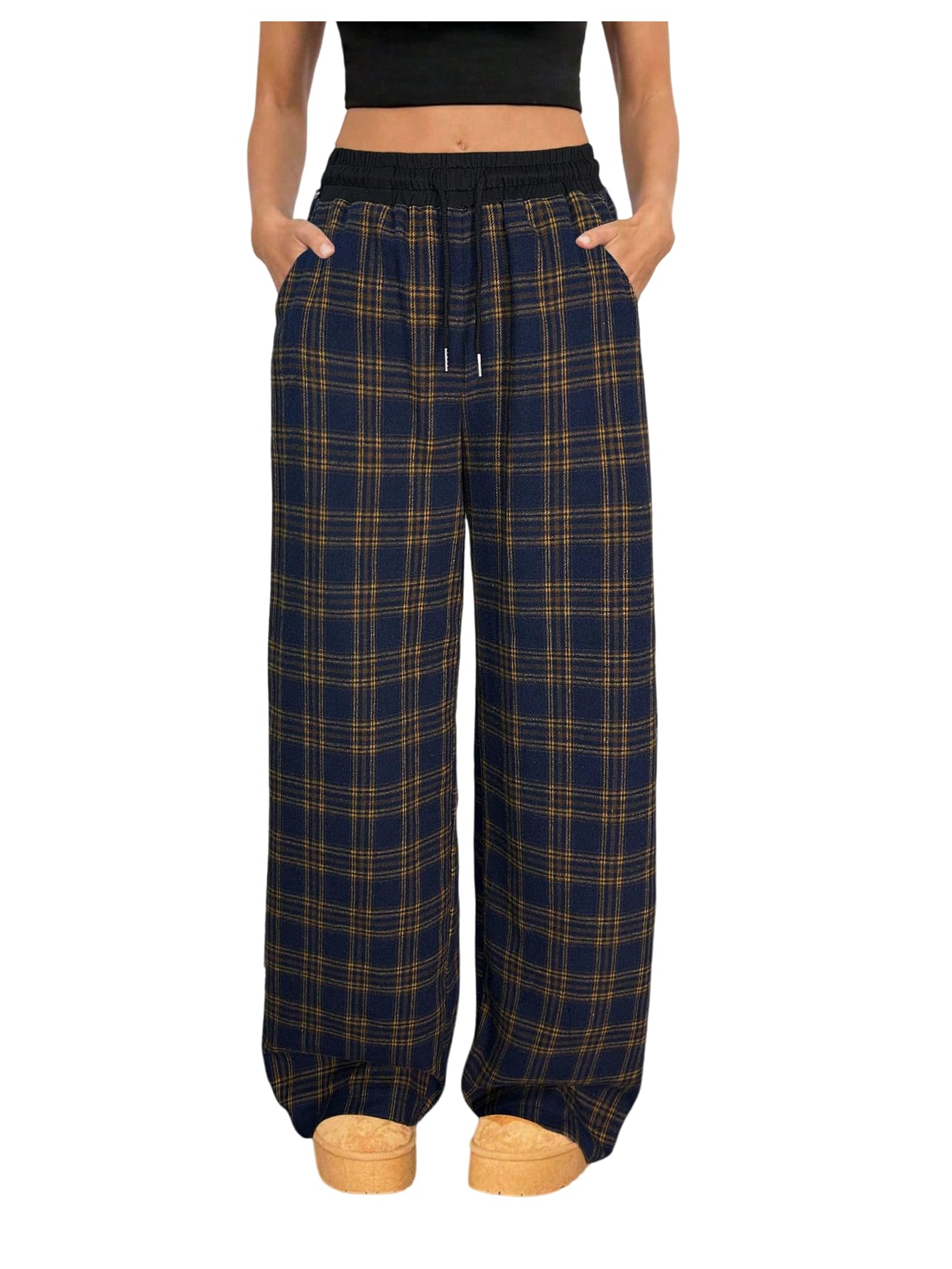 SOLY HUX Womens Plaid Pants Drawstring Elastic Waist Wide Leg Baggy Lounge Pants Casual Long Trousers
