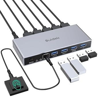 SUIDEK HDMI KVM Switch 1 Monitor 2 Computers, 4K@60Hz USB 3.0 KVM Switcher with 4 USB Ports for 2 Computers Share Keyboard Mouse Printer, Include Desktop Controller, 2 USB Cables and Power Adapter