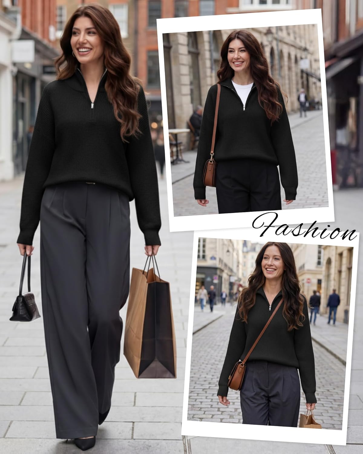 Women Quarter Zip Sweater Oversized Collared Ribbed Knit Pullover Long Sleeve V Neck Casual Jumper Fall Fashion Top - Image 2