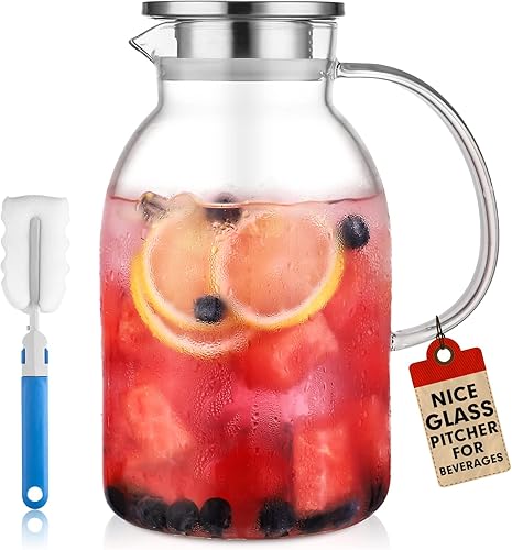 Jarra grande de vidrio resistente al calor de 75 onzas con tapa de acero inoxidable, jarra de agua de borosilicato con boquilla y asa, perfecta para