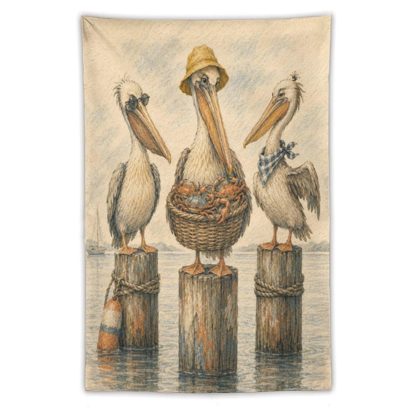 W7C8U2X3 Pelicans on Wooden Posts Wall Tapestry, Watercolor Style, Entryway
