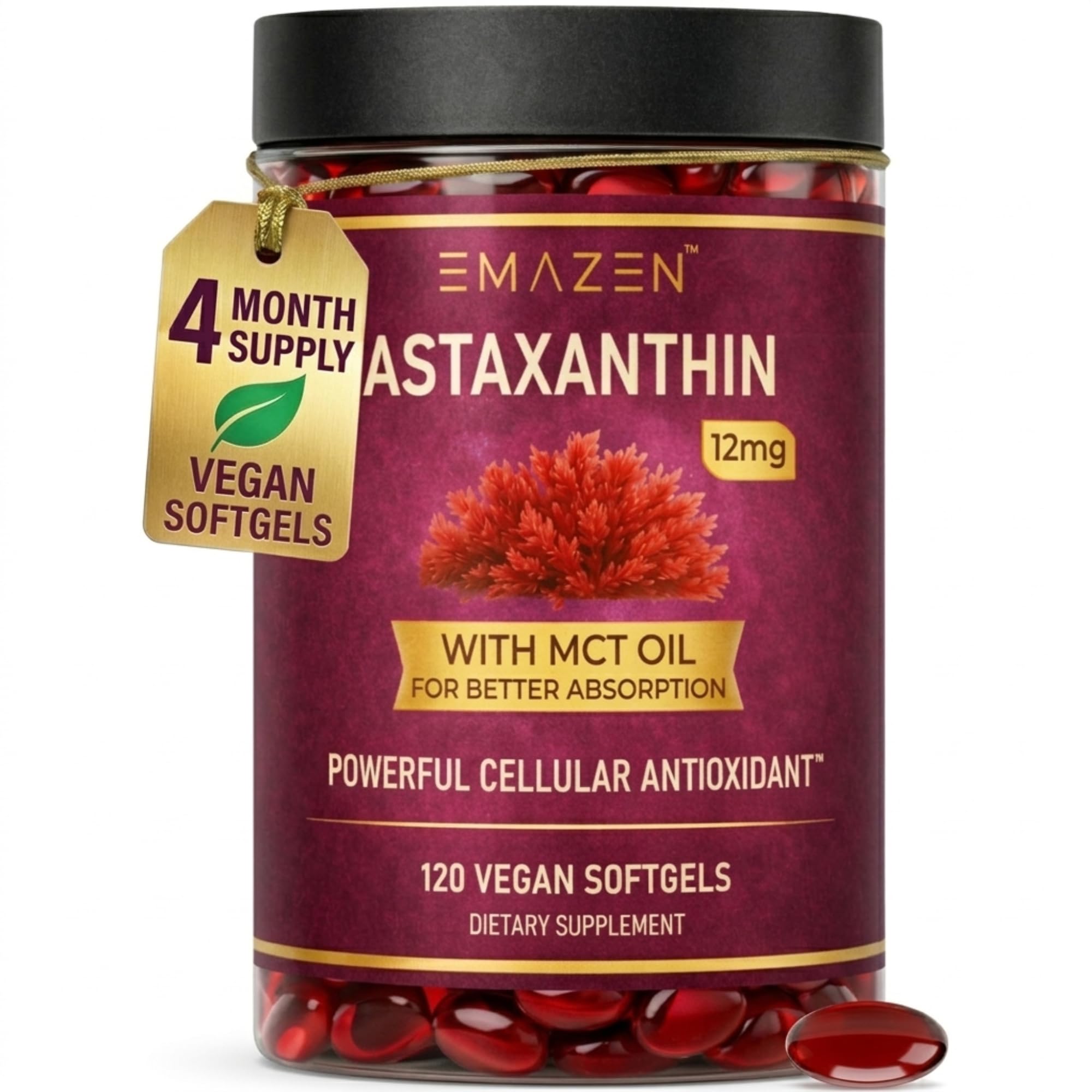 Astaxanthin 12mg MCT Coconut Oil, 120 Vegan Softgels, 4 Month Supply