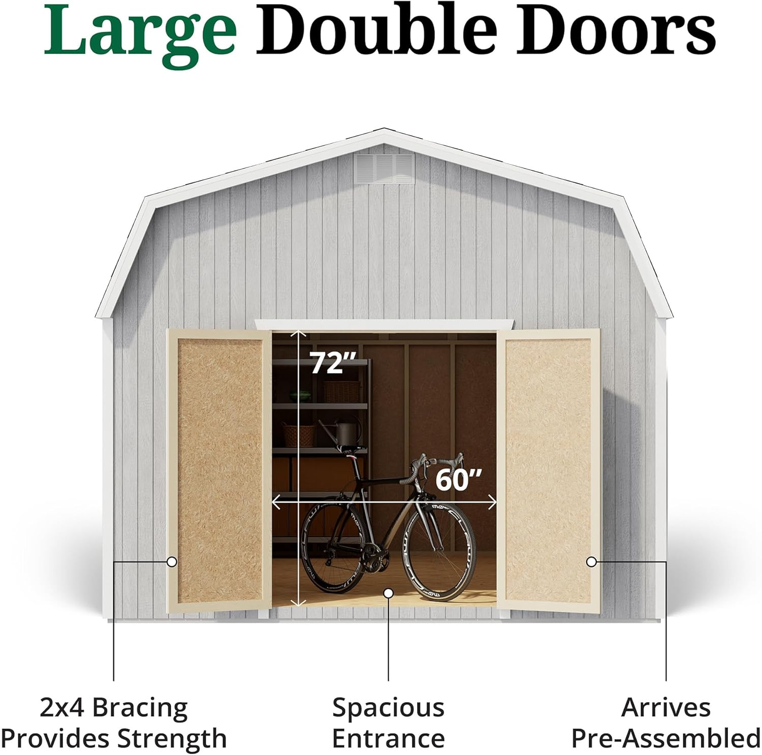 Large double doors of the shed with dimensions