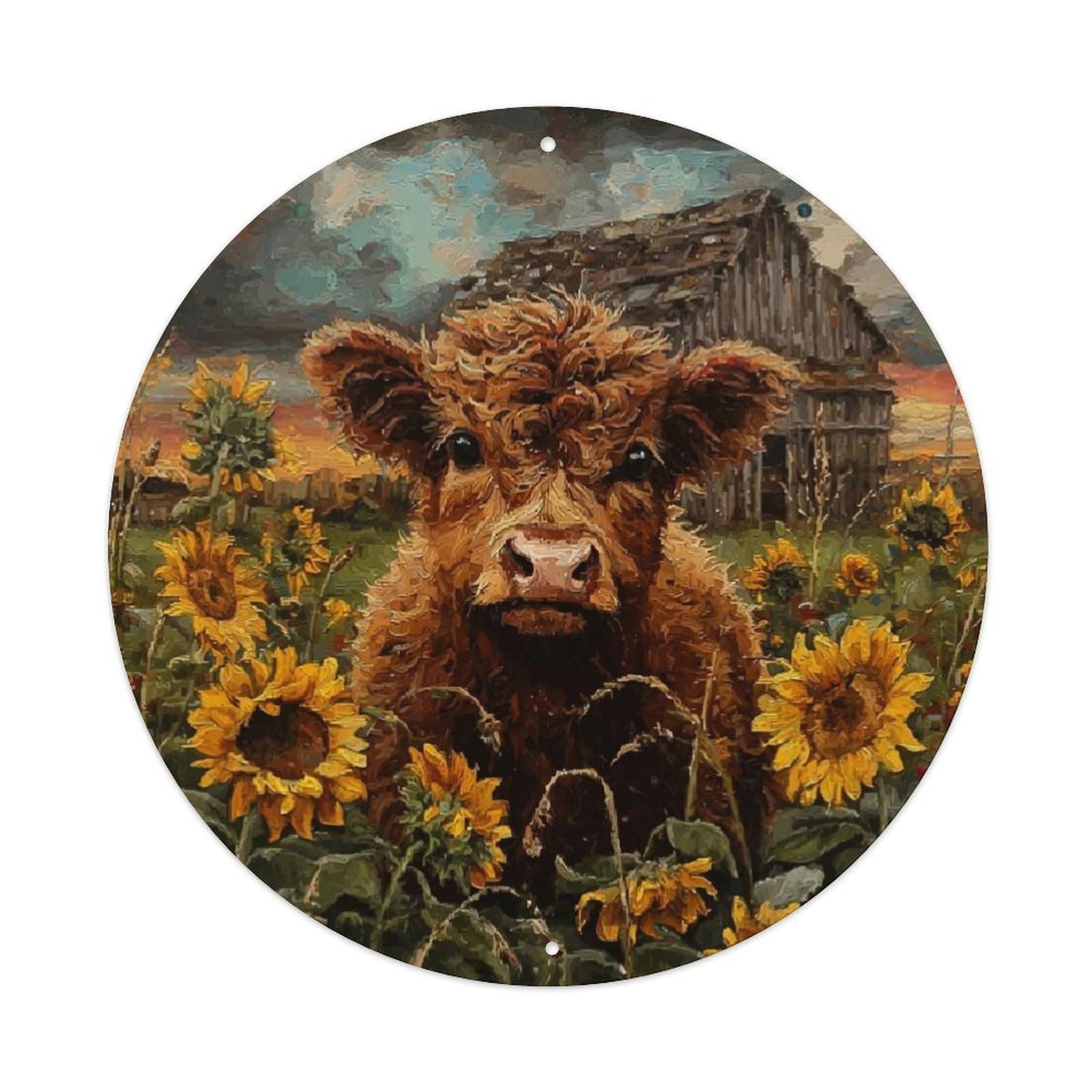 Calf In Sunflower Field Painting Vintage Metal Tin Sign Retro Wall Decor for Home Bar Garage Cafe, Indoor & Outdoor Decorative，circle Metal Poster, 8x8 Inch