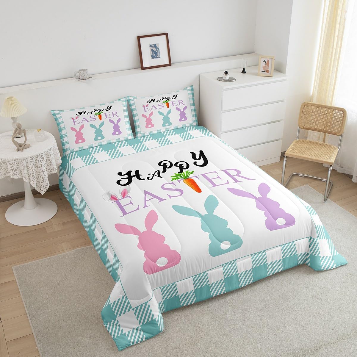 Manfei Happy Easter Comforter Set King Size, Cute Cartoon Rabbit Bedding Set 3pcs for Kids Boys Girls Bedroom Decor, Green Plaid Print Down Comforter Soft Polyester Quilt Set with 2 Pillowcases