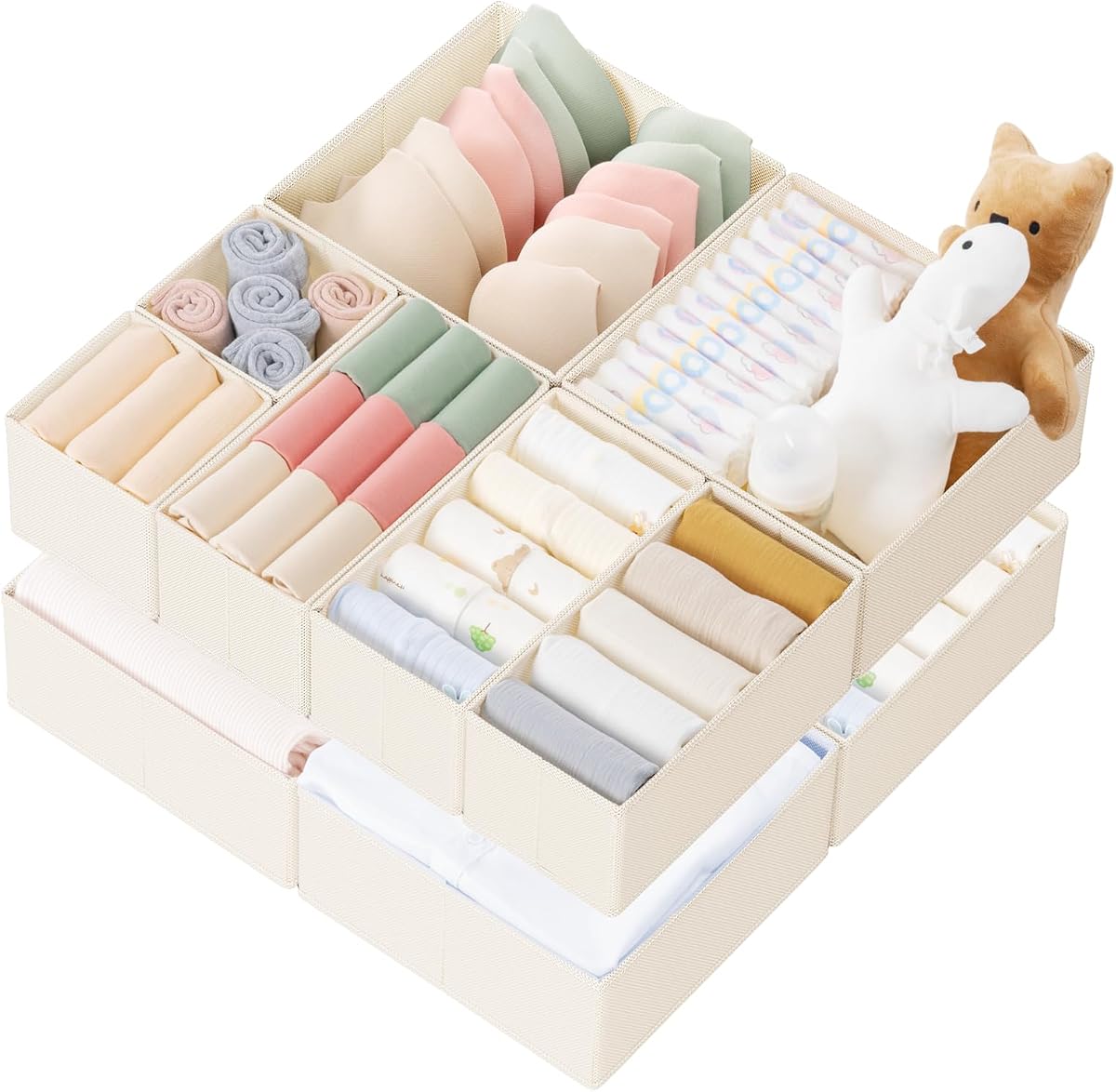 Ropa organizadora de cajones Criusia, paquete de 10 organizadores de tocador para ropa de bebé, ropa interior, organización de armarios plegables y compartimentos de almacenamiento para guardería, dormitorio (beige)