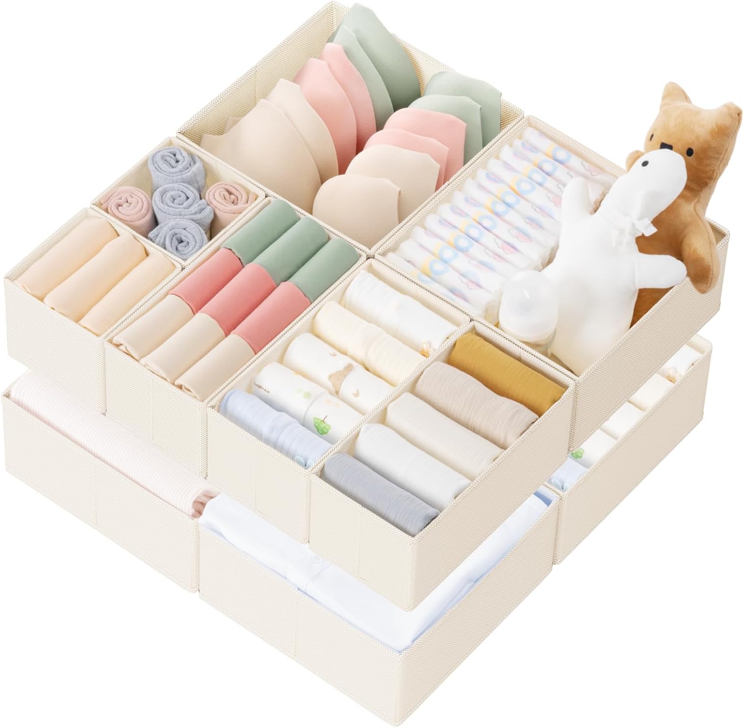 Criusia Drawer Organizer Clothes, 10 Pack Dresser Organizer and Storage for Nursery, Closet, Bedroom - Drawer Dividers for Baby Clothes, Underwear, Sock (Beige)