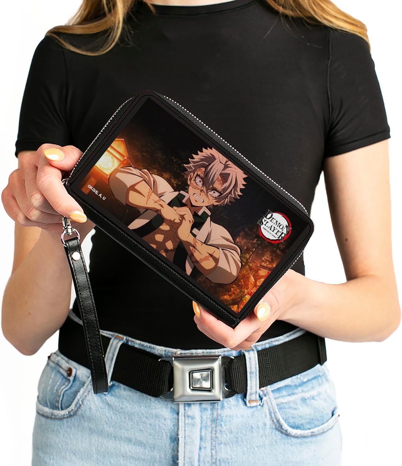 Buckle-Down Demon Slayer Wallet, Zip Around, Demon Slayer Sanemi Shinazugawa Fist Flex Pose, Vegan Leather