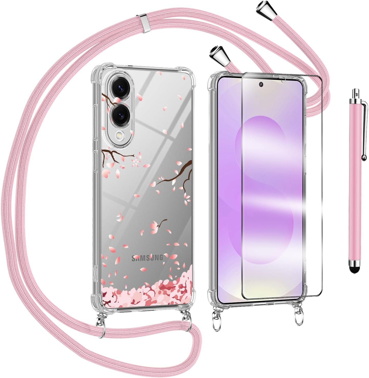coque Samsung s25 Edge – Coque pour Samsung Galaxy S25 Edge avec film de protection d&rsquo;écran en verre trempé, collier de téléphone, transparent, pare-chocs, lanière, tour de cou, lanière – Rose
