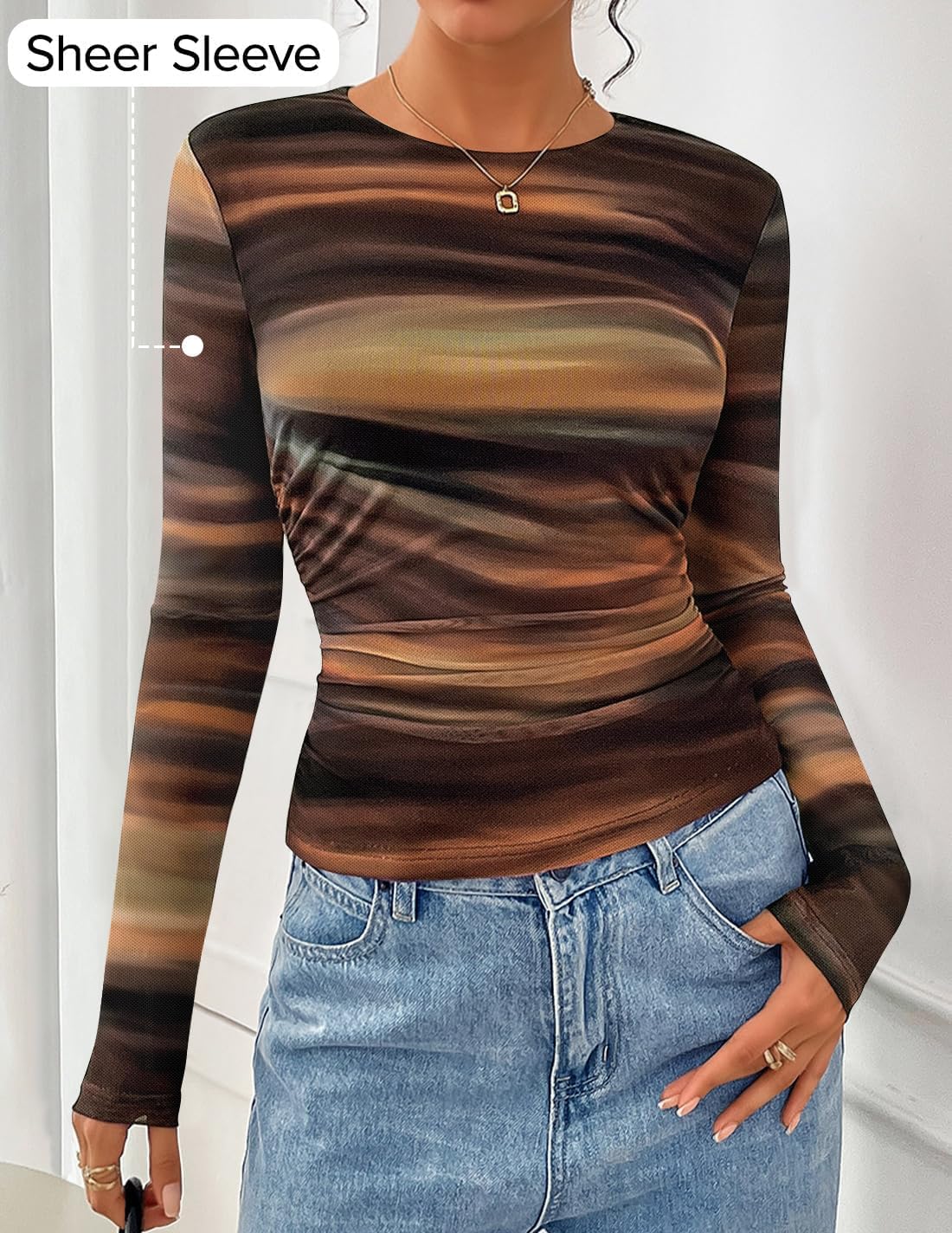 ZESICA Womens 2026 Spring Floral Mesh Going Out Tops Long Sleeve Crewneck Slim Fit Ruched Y2k Shirt Beach Vacation Outfit - Image 2