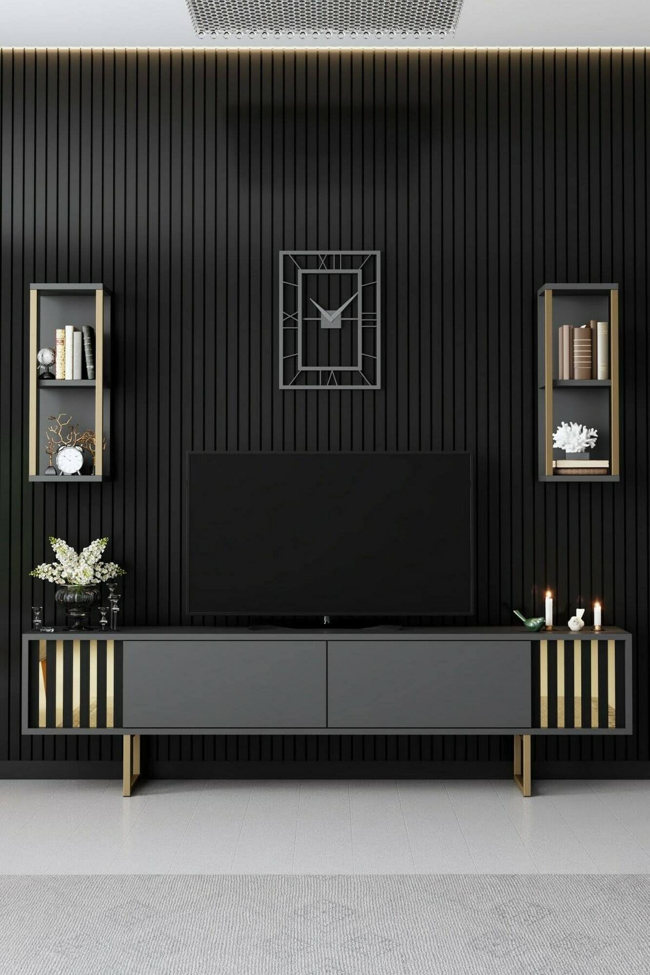 Dmora - Mobile porta TV Eunomia, Credenza da soggiorno, Armadio basso per TV, Base parete attrezzata, 180x30h48 cm, Antracite e Nero