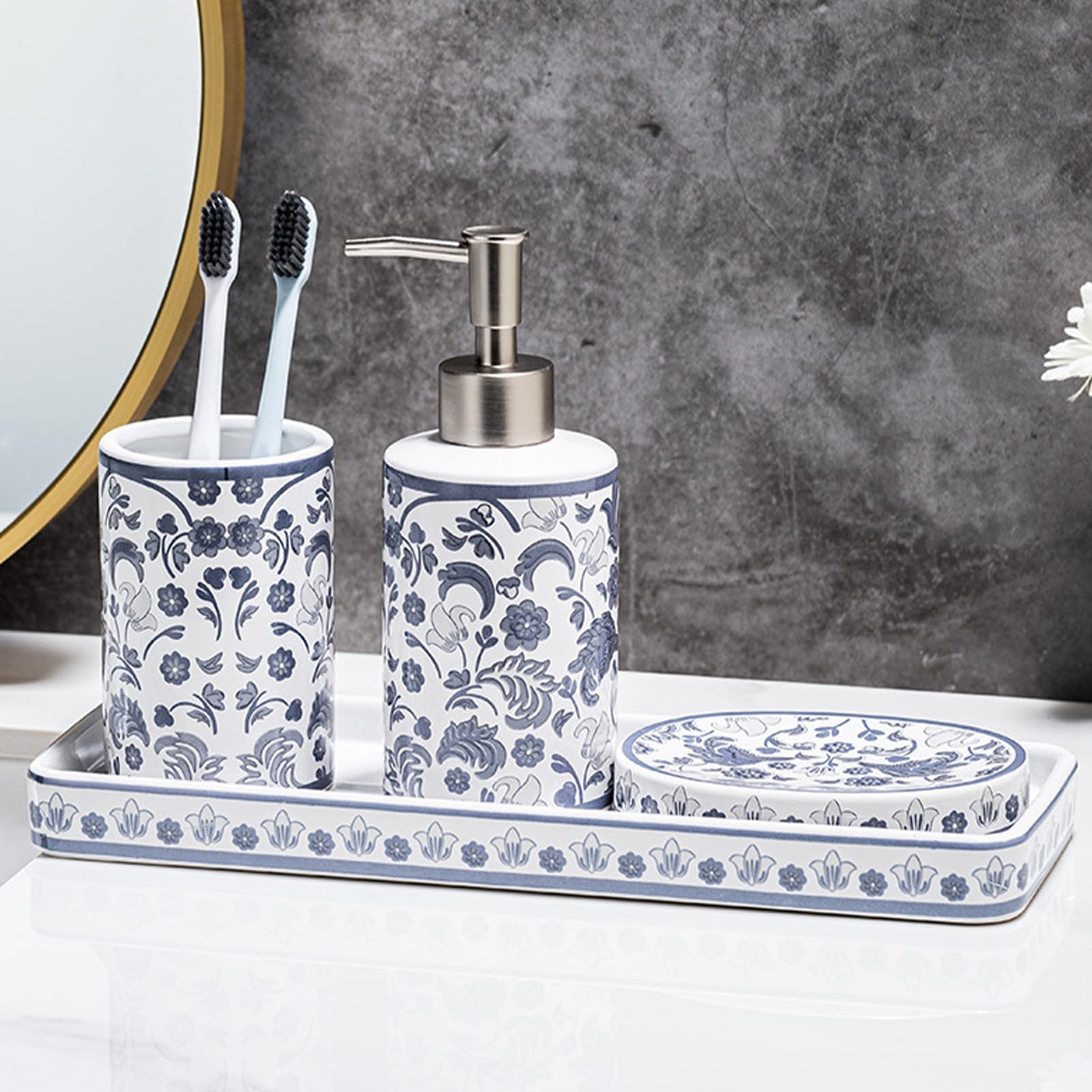 Lot De 4 Accessoires De Salle De Bain en Céramique, Distributeur De Lotion, Porte-Brosse À Dents, Boîte À Savon en Céramique avec Plateau, Décoration De Bain Moderne (A)