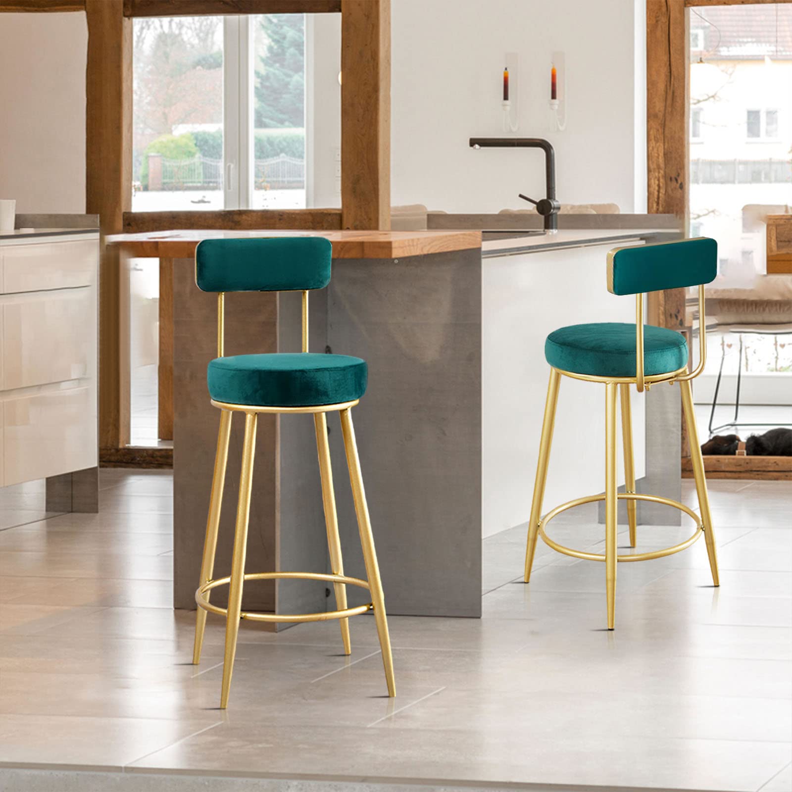 Set 2 Sgabelli Da Bar In Velluto Verde Con Gambe Oro - Con Schienale E Poggiapiedi - Per Isola Cucina E Bancone - Altezza 65 Cm - 5