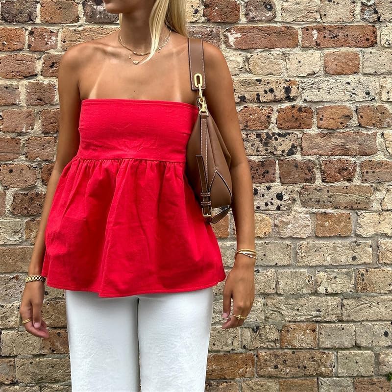 Aopwsrlyi Women's Strapless Peplum Top Summer Sleeveless Smocked Backless Ruffle Hem Bandeau Tube Top - Image 4