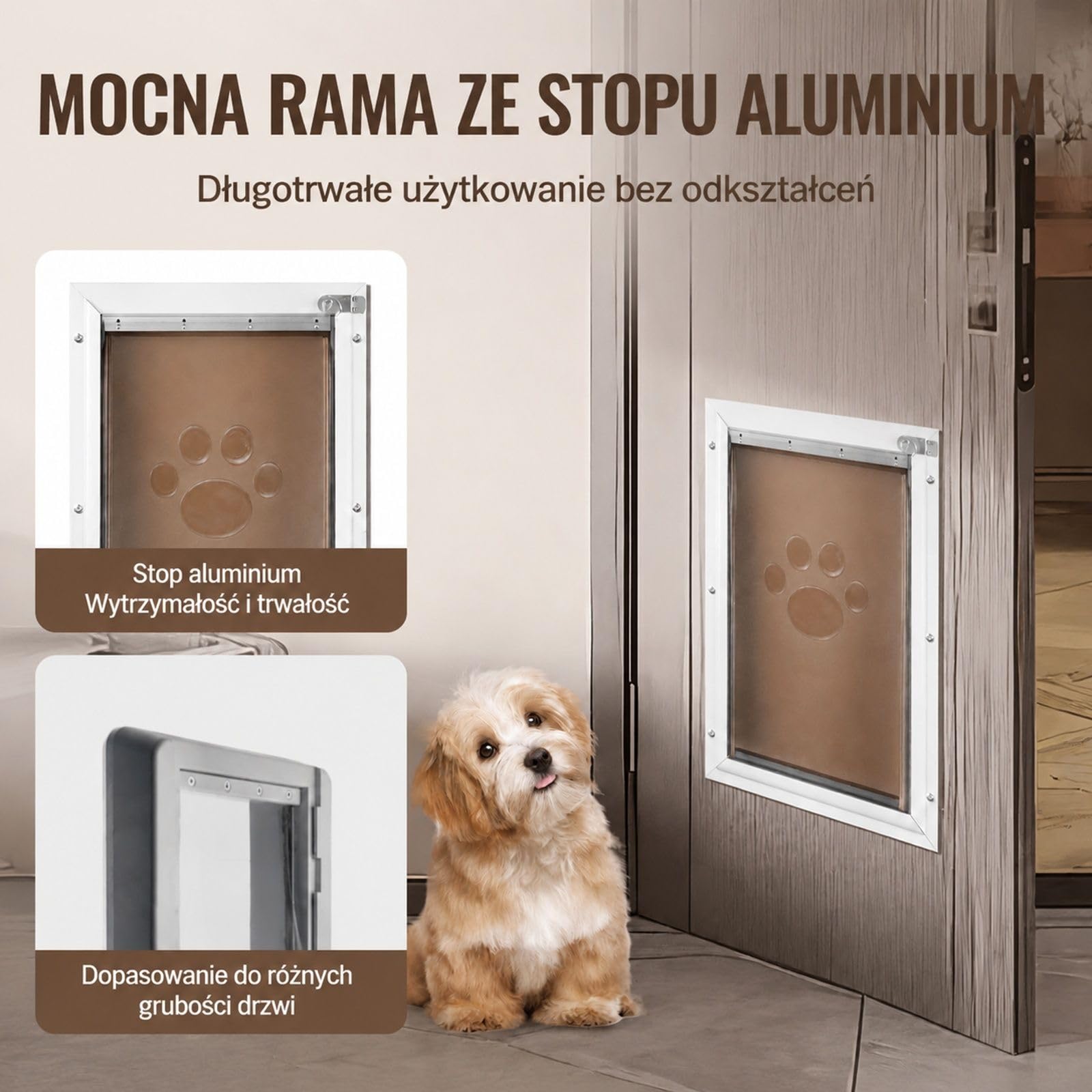 Klapka dla zwierząt dla kota i psa, aluminiowa rama, magnetyczny system klapy, biała, do montażu w drzwiach