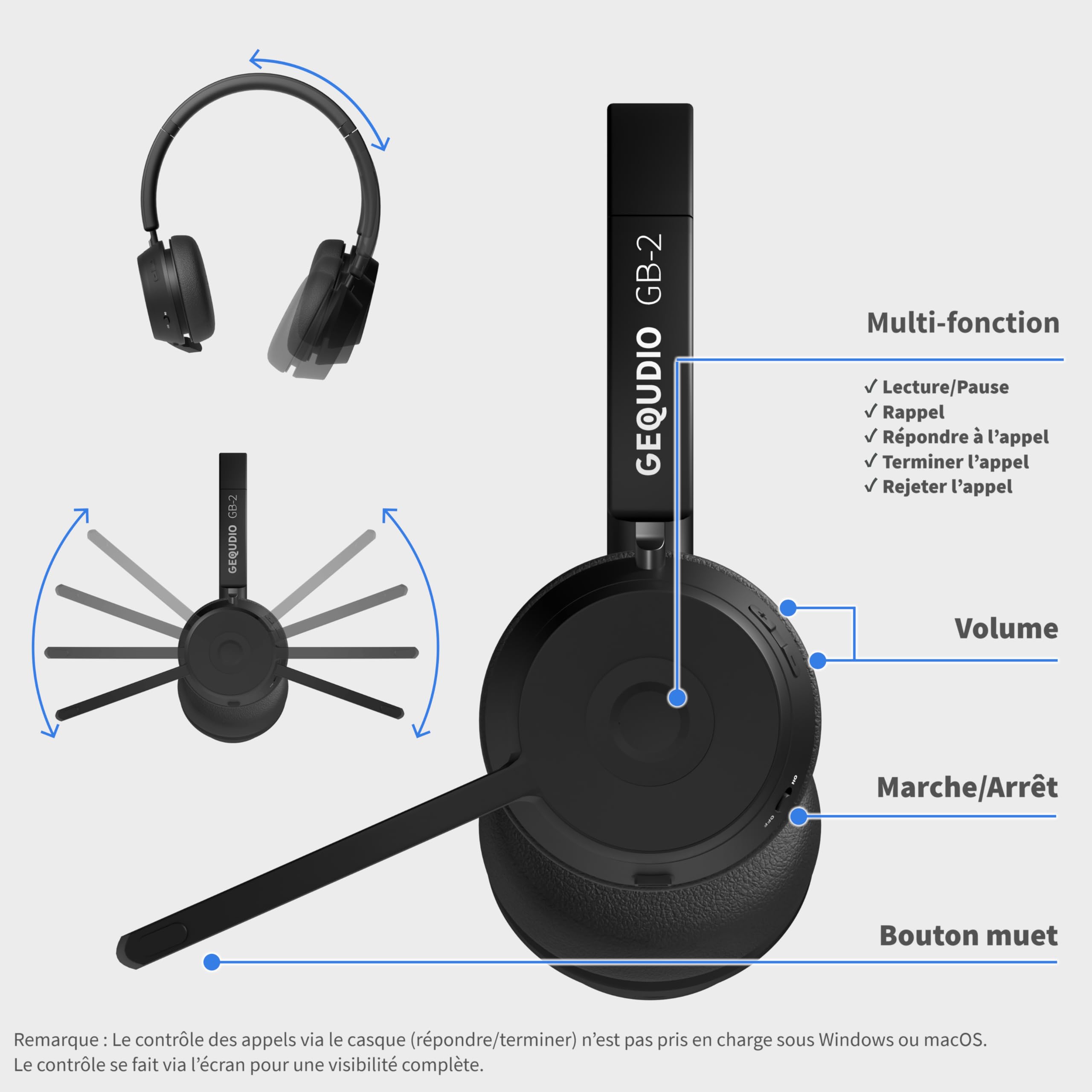 GEQUDIO GB-2 Casque avec microphone Bluetooth | Casque sans fil | Réduction passive du bruit | Connectez 2 appareils simultanément (téléphone portable, PC, ordinateur portable) | Casque sans fil |