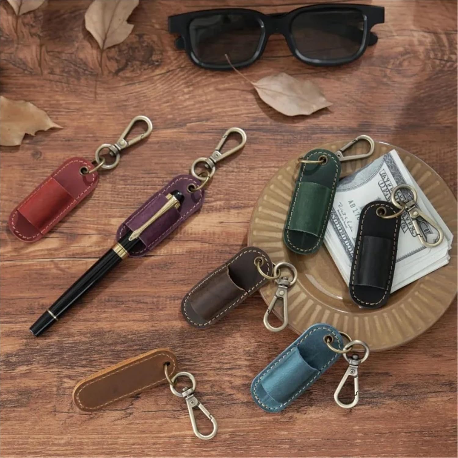 Lanyard Pen Clip 5/10pcs Leather 1 Slots Pen Case with Removable Tray Holder Keychain Office