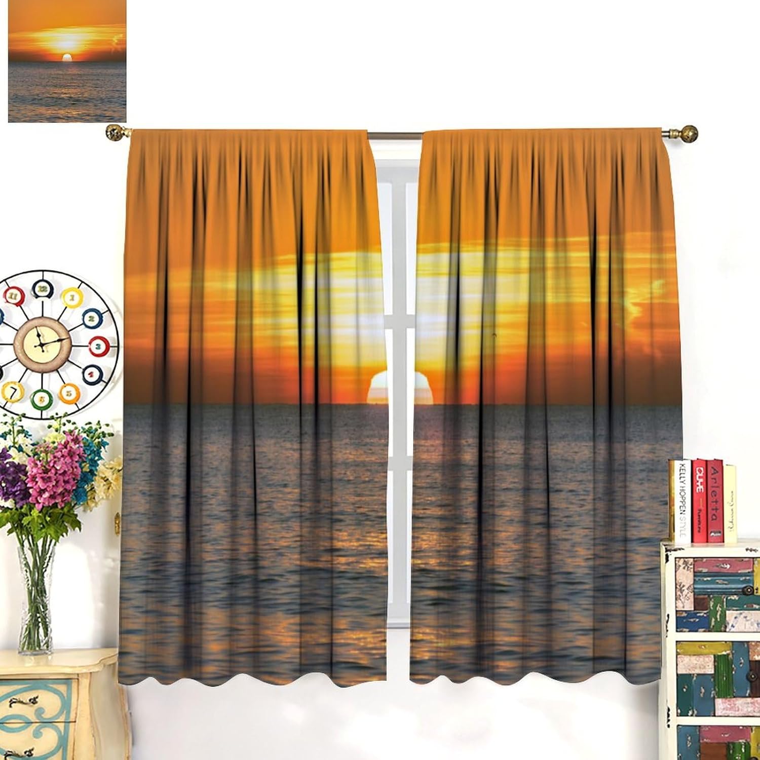 Beach Curtains, Sunset Cloudscape Skyline Calm Ocean Coastal Pattern for Room Decor, Rod Pocket Blackout Window Drapes for Bedroom Living Room Kitchen 2 Panel Set 27.5" W X 63" L