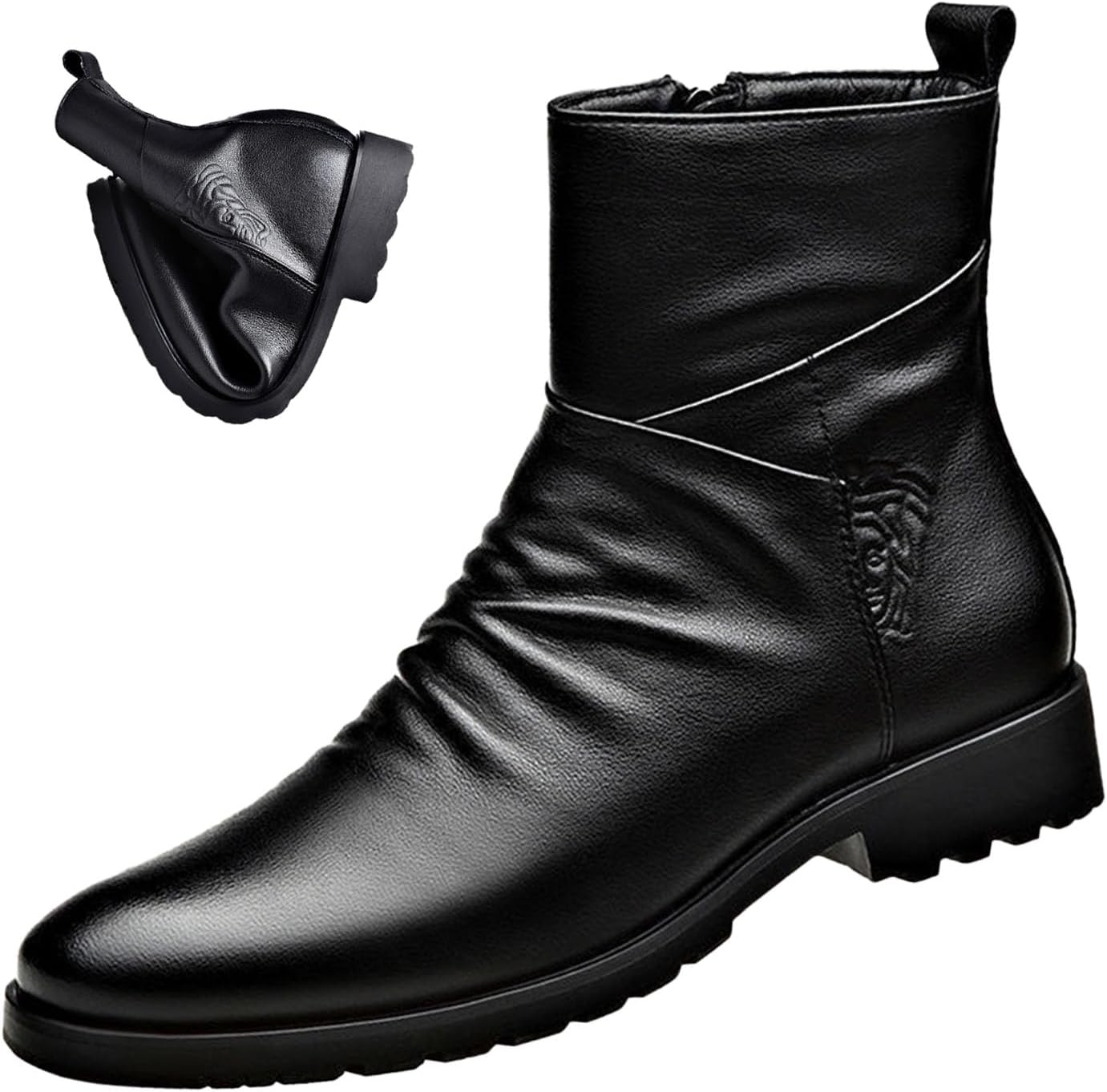 Keilinia Men's Black Leather High-top Dress Ankle Boots,Fall Winter Fashion Side Zipper Plain Toe Business Casual Short Boots