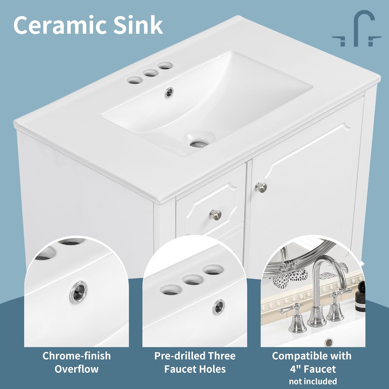 Bellemave 30" Bathroom Vanity with Sink, Freestanding Bathroom Storage Vanity Cabinet with 3 Drawers Storage Shelves Soft-Closing Door, White