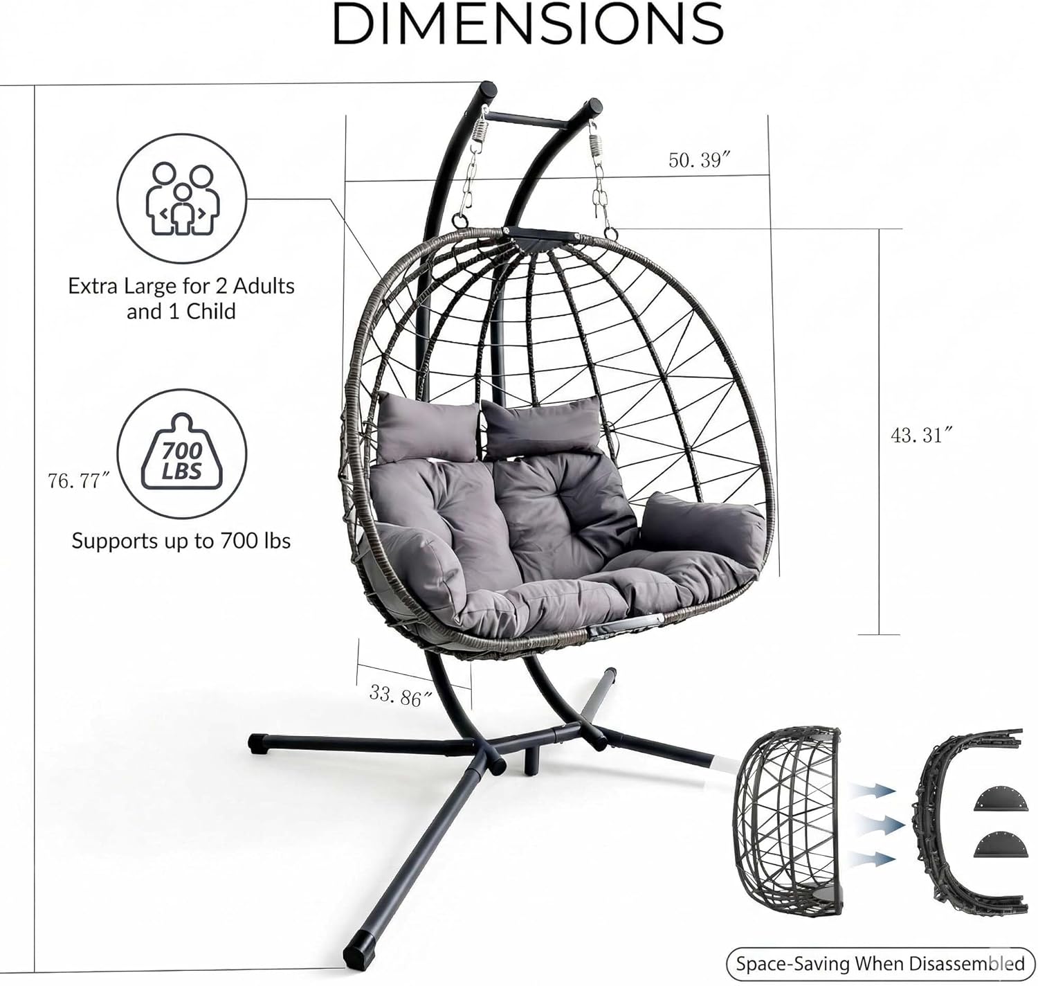 Extra Large Double Egg Chair Outdoor & Indoor, 2 Person Wicker Hanging Egg Chair with Stand, Heavy Duty Boho Patio Hammock Loveseat with Plush Cushions for Balcony, Garden, Bedroom (Grey, 2 Person)
