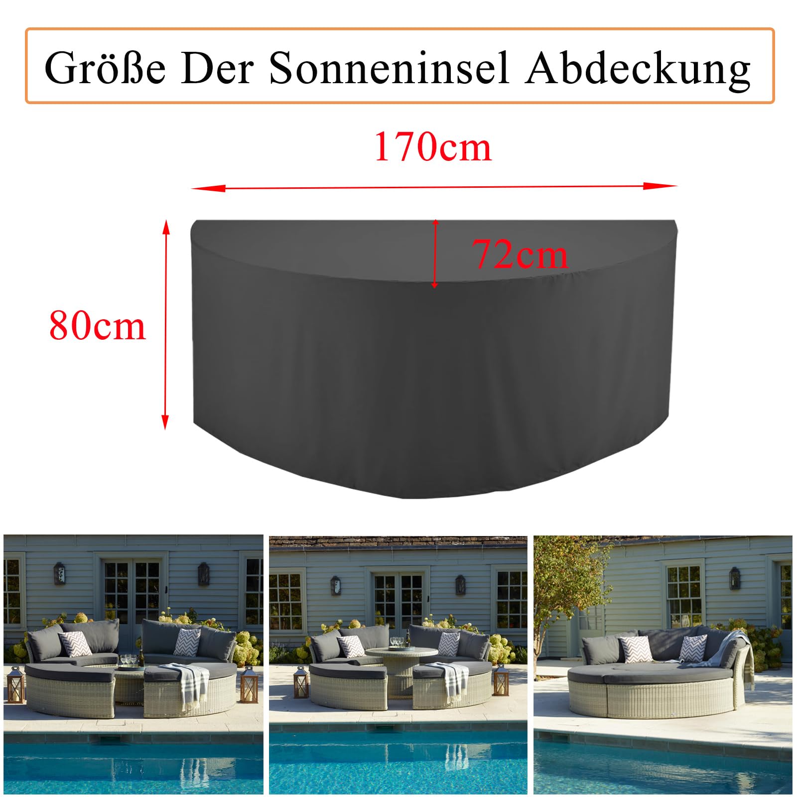 Sun Island Cover Semicircular Waterproof Protective Cover Sun Island Half Round Tarpaulin Reclining Island Half Round with Buckle Strap 420D Oxford Fabric Black (170 x 72 x 80 cm) - Image 2