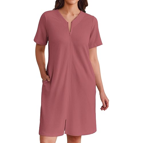 Ekouaer Women Zipper Robes Waffle Short Bathrobe Lightweight House Coat with Pockets Soft Nightgown