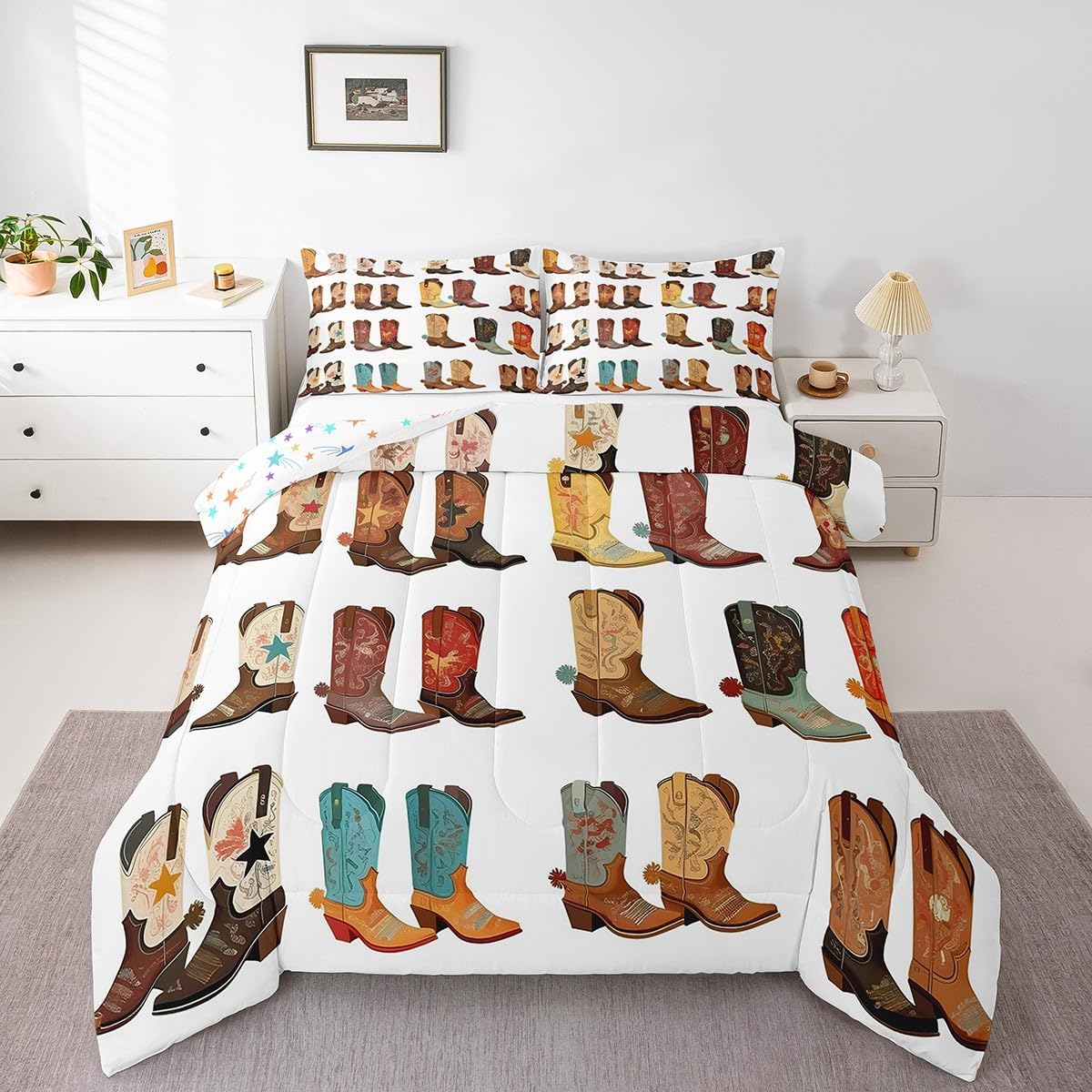 Feelyou Cowgirl Western Boots Decoration Comforter Set Queen Size for Girls Adults Cowboy Tribal Horseshoe Boots Kids Bedding Set Rustic Retro Colorful Quilt Set with 2 Pillowcases