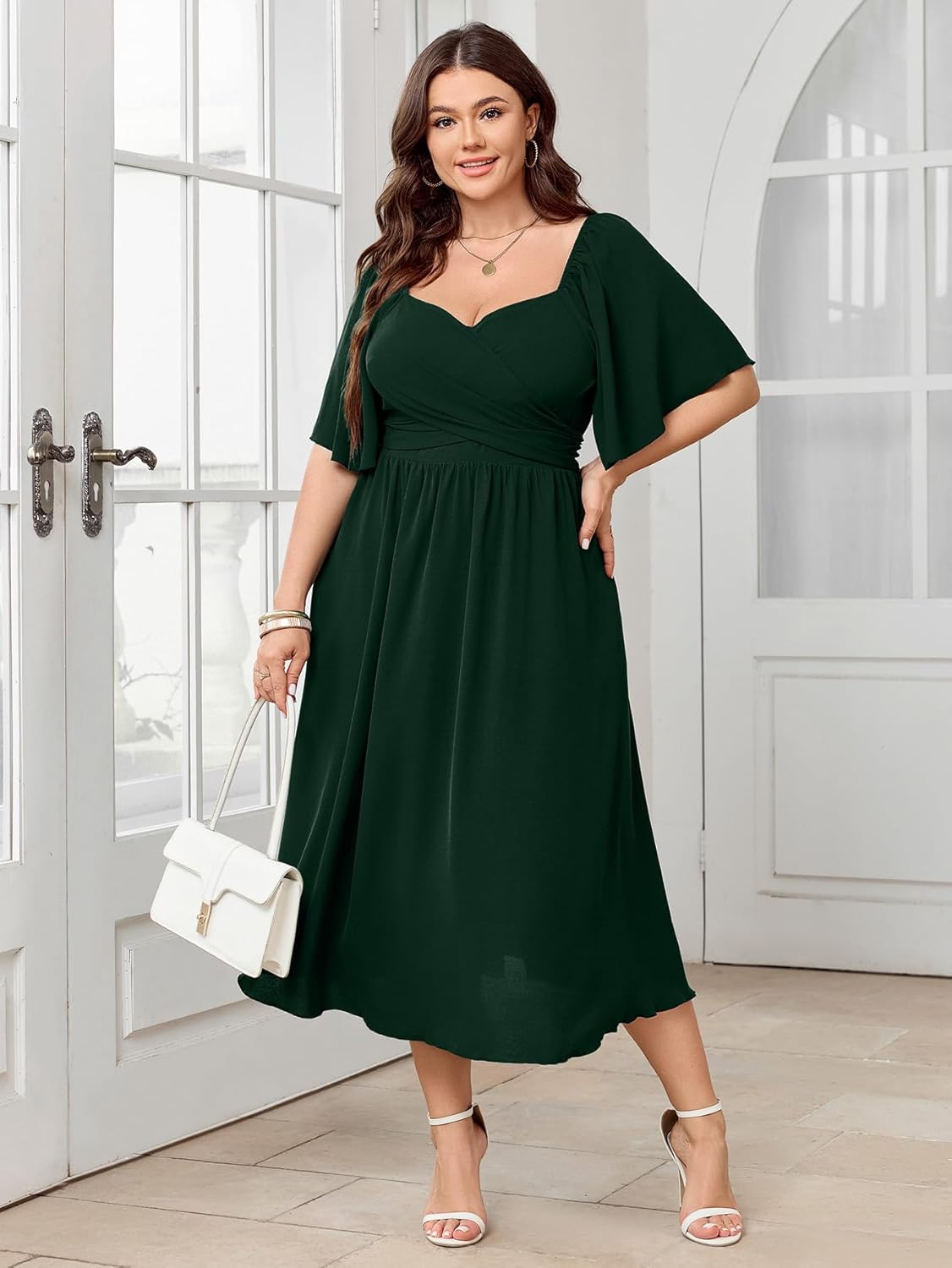 Women's Plus Size Midi Dress Sweetheart Neck Short Sleeve Wedding Guest Cocktail A Line Flowy Dress - Image 7