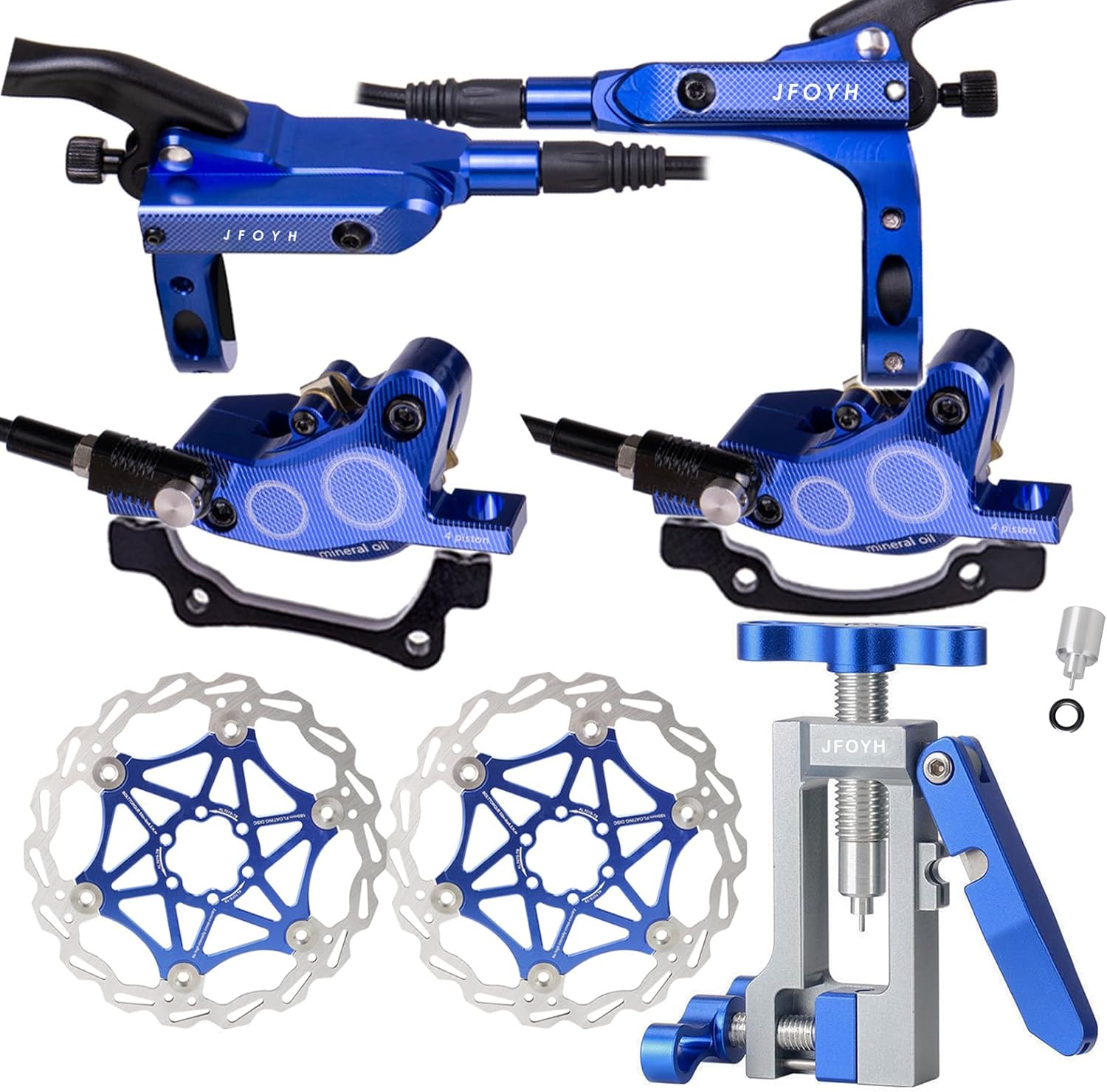 4-Piston MTB Hydraulic Brake Set with Floating Disc Rotors, Hose Cut, Olive and Barb Tools