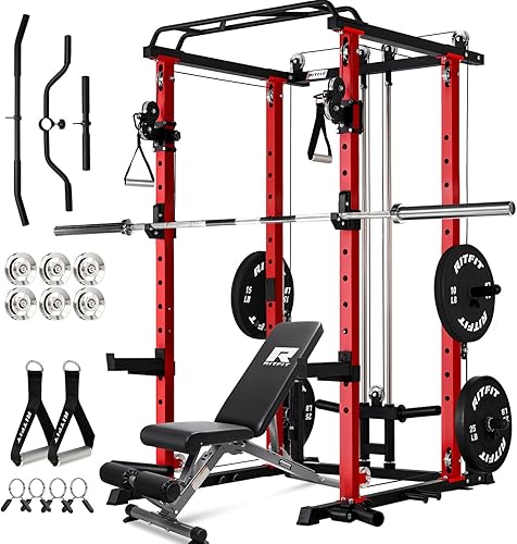 Miniatura 16 de RitFit El paquete multifunción de garaje y gimnasio en casa incluye jaula de potencia de 1200 libras PPC03/P3 con sistema de cruce de cables, banco